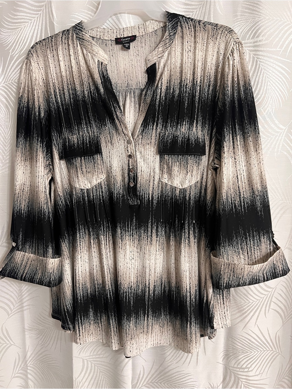 Chaus Navy and Cream Ombre Stripe Henley Tunic